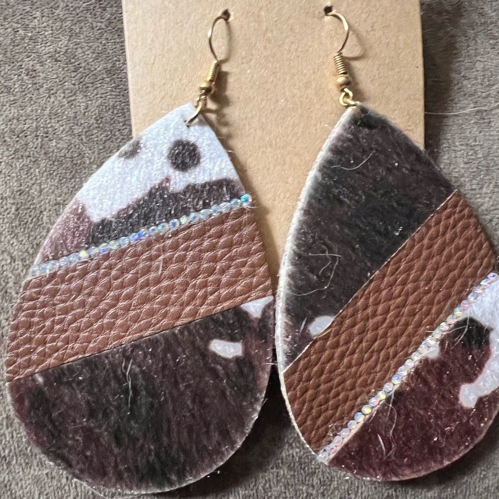 Hair On Hide Faux Leather Jeweled Teardrop Dangle Drop Earrings - Picture 7 of 10